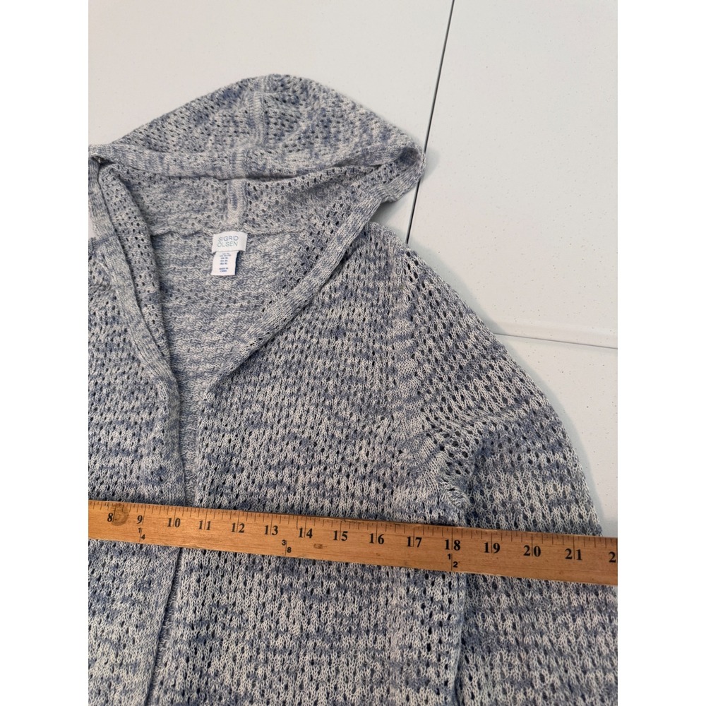 Sigrid Olsen Blue White Linen Blend Pointelle Knit Hooded Open Cardigan XL ff - Picture 3 of 6